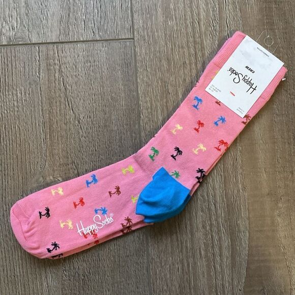 Happy Socks Pink w Multicolor Palm Tree Pattern Mens Size 8-12 Womens 10-12.5 - Picture 3 of 4
